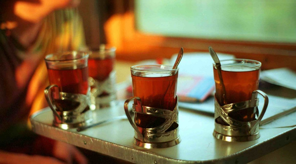 Drinking tea in a Russian train
